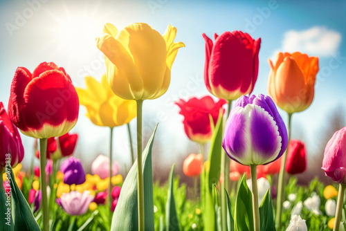 Colorful tulip flowers on a sunny day. Generative AI.