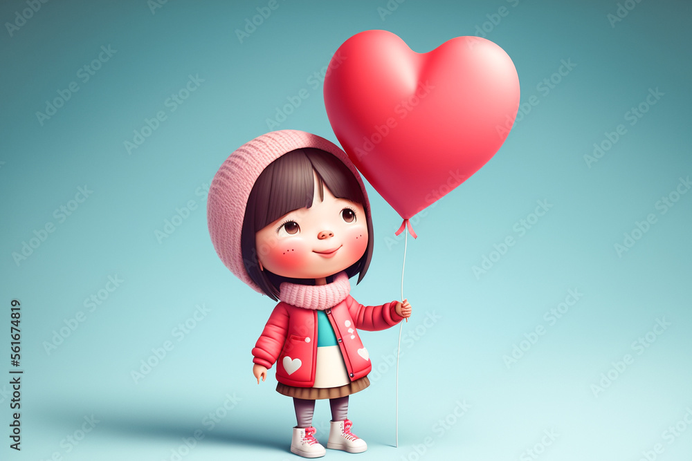 cute Asian girl holding heart shape balloon valentine day, AI generate cute Asian girl holding heart shape balloon valentine day, AI generate