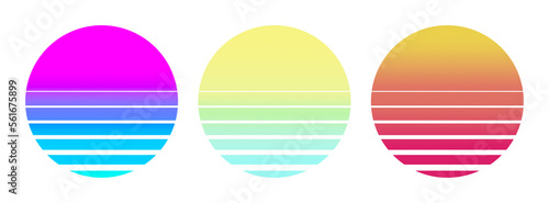 retro sun sunset retrowave from the 80s or 90s transparent PNG. For logo, icon, music and shirt. Set of 3 photo