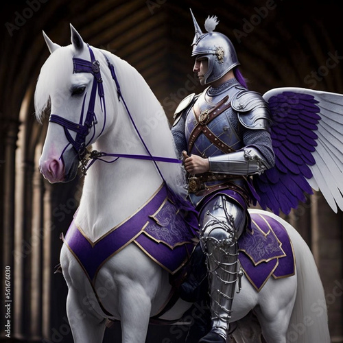 Foto A knight with purple wings on a white horse