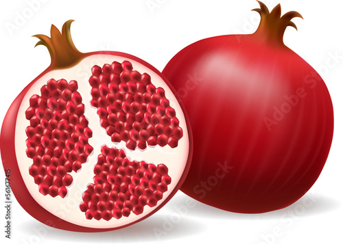 Realistic pomegranate whole and half