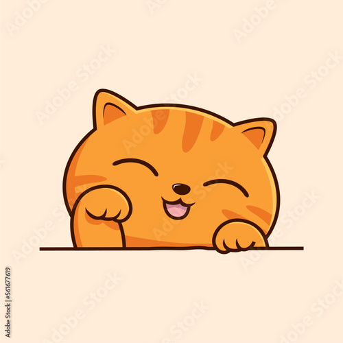 Striped Orange Cat Cartoon - Cute Tabby Cat Waving Hand Pawns Vector