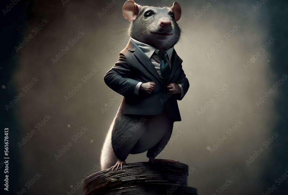 rat wearing a suit and tie, standing on top of a stack of money (AI ...