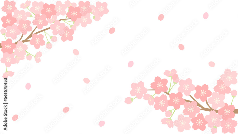 桜と桜の花びらが舞い散る春に使えるイラスト　アスペクト比16：9バージョン