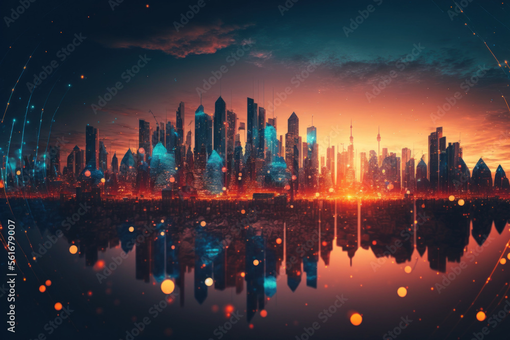 Obraz premium City skyline with network data conection on bokeh sunset background. Technology internet and business concept. Generative AI