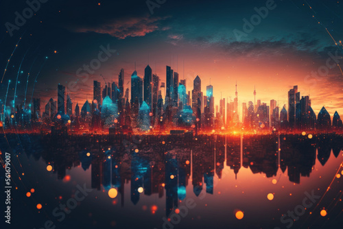 City skyline with network data conection on bokeh sunset background. Technology internet and business concept. Generative AI © tonktiti
