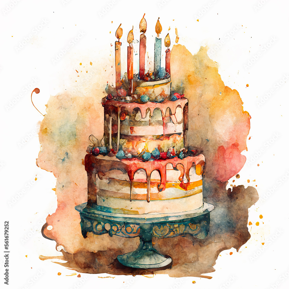 Watercolor Birthday Cake Stock Illustration | Adobe Stock