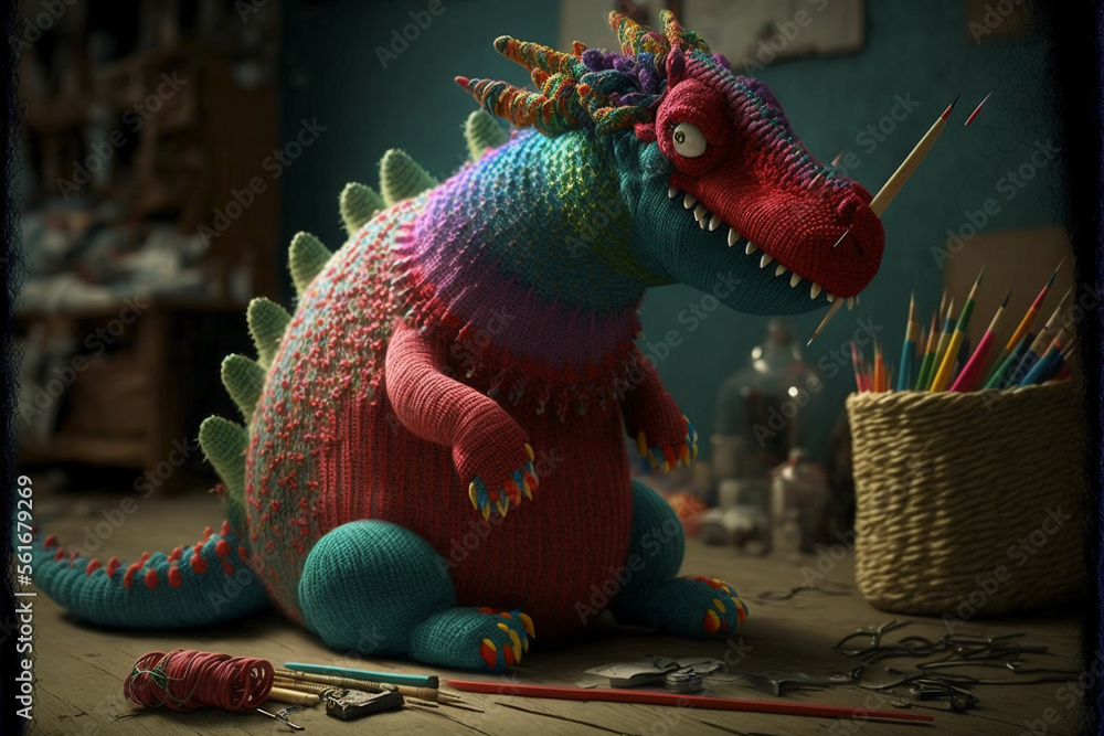 Obraz premium Knitted dragon toy. AI generation