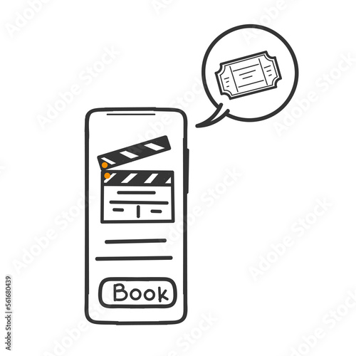 hand drawn doodle online cinema ticket booking on mobile phone