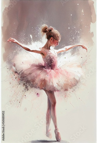 Fotografija ballerina in a pink tutu in motion splash of color invitation, card, poster wate