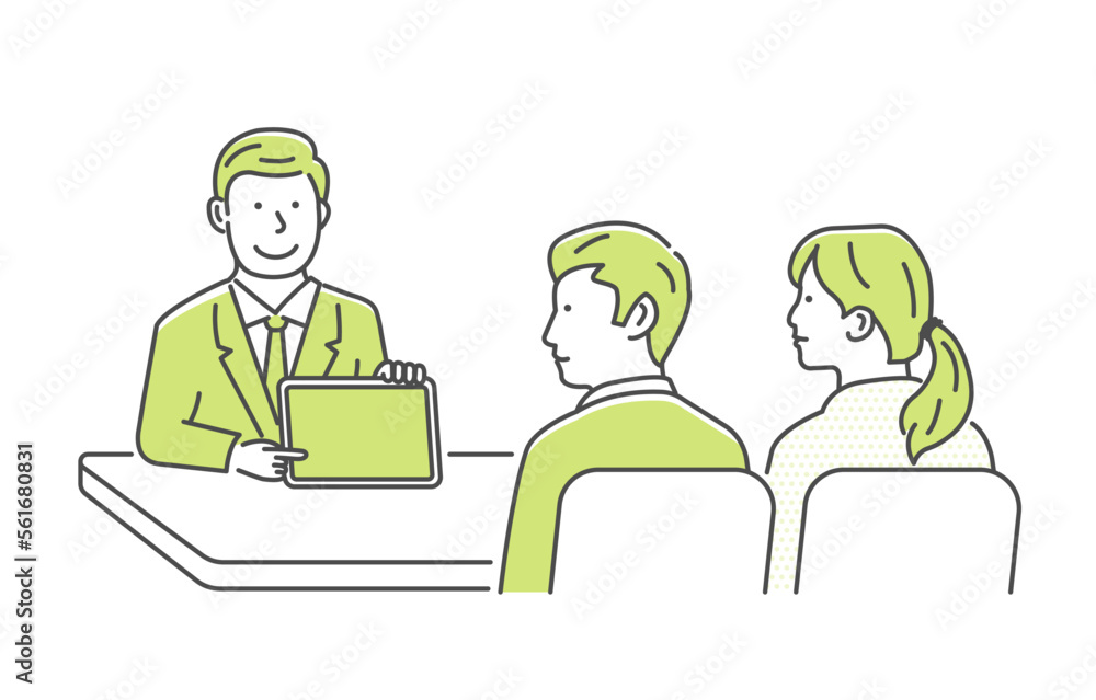 Vector illustration of a meeting between a salesperson and a customer (couple) | using a tablet Vector illustration of a meeting between a salesperson and a customer (couple) | using a tablet