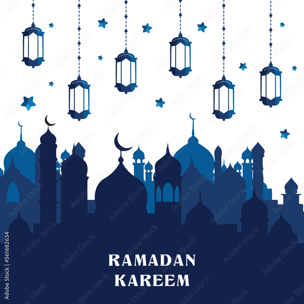 Ramadan kareem greeting background illustration. Arabic mosque and lantern vector design