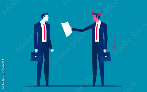 Devil and businessman. Business evil contract vector illustration