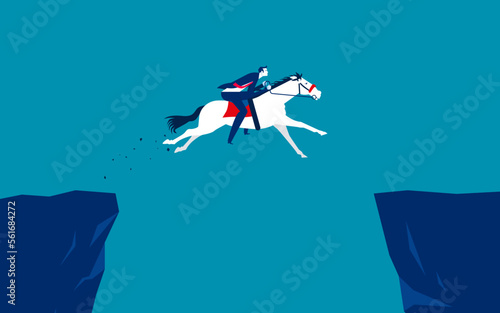 Businessman riding horse over cliff. Business challenge concept
