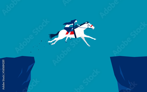 Businesswoman riding horse over cliff. Business challenge concept