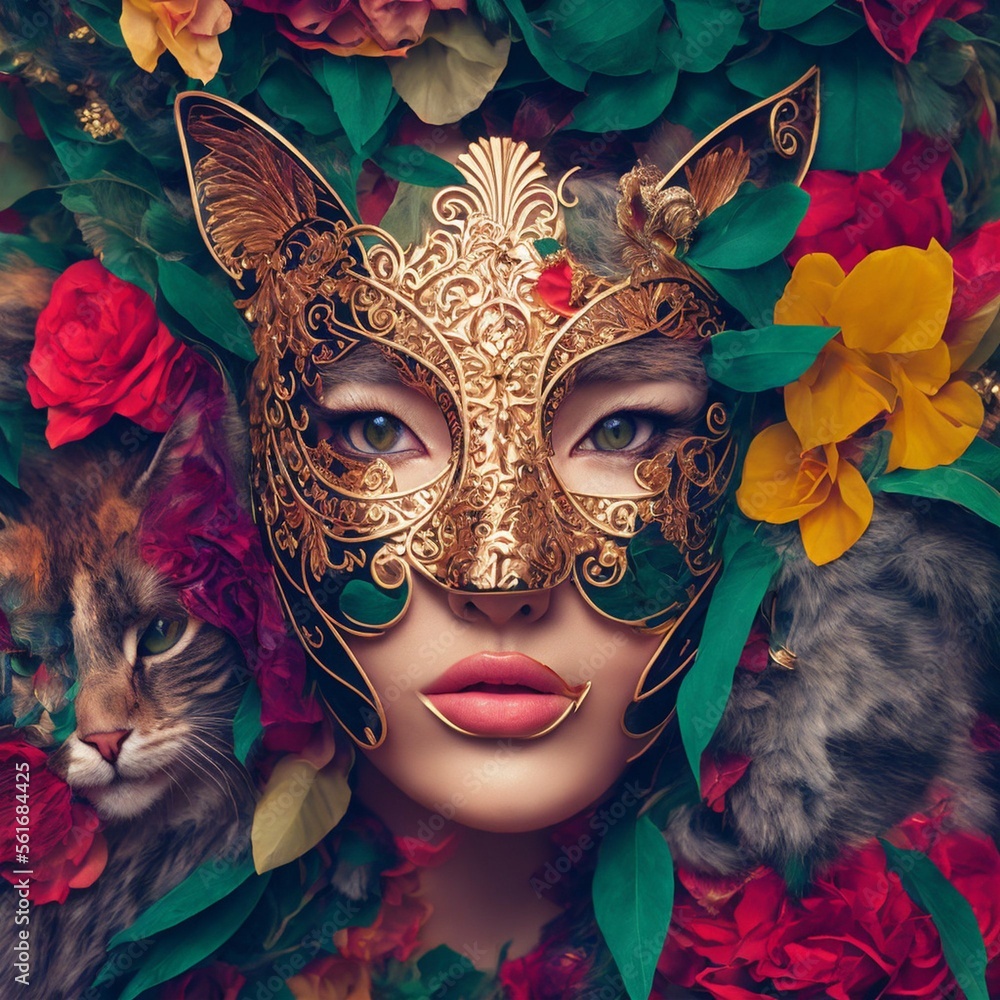 decorative art, a woman's face, in a cat mask, among flowers, fantasy, ai