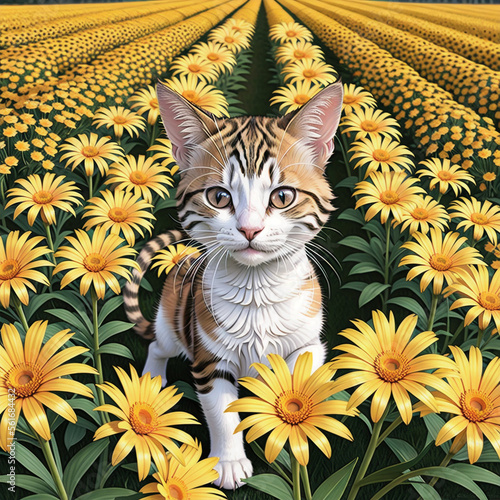 cute kitten posing among flowers  fantasy  ai