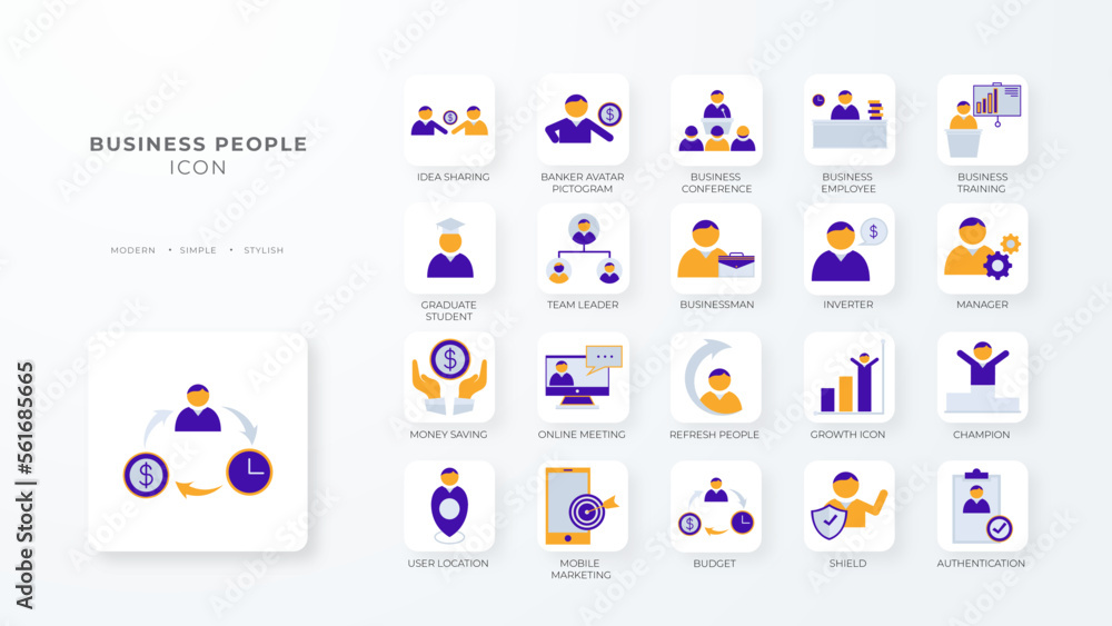 Business people icon collection with purple orange outline style. person, businessman, team, teamwork, manager, set, symbol. Vector Illustration
