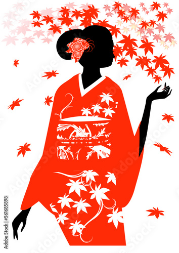 着物を着た女性のシルエットと紅葉