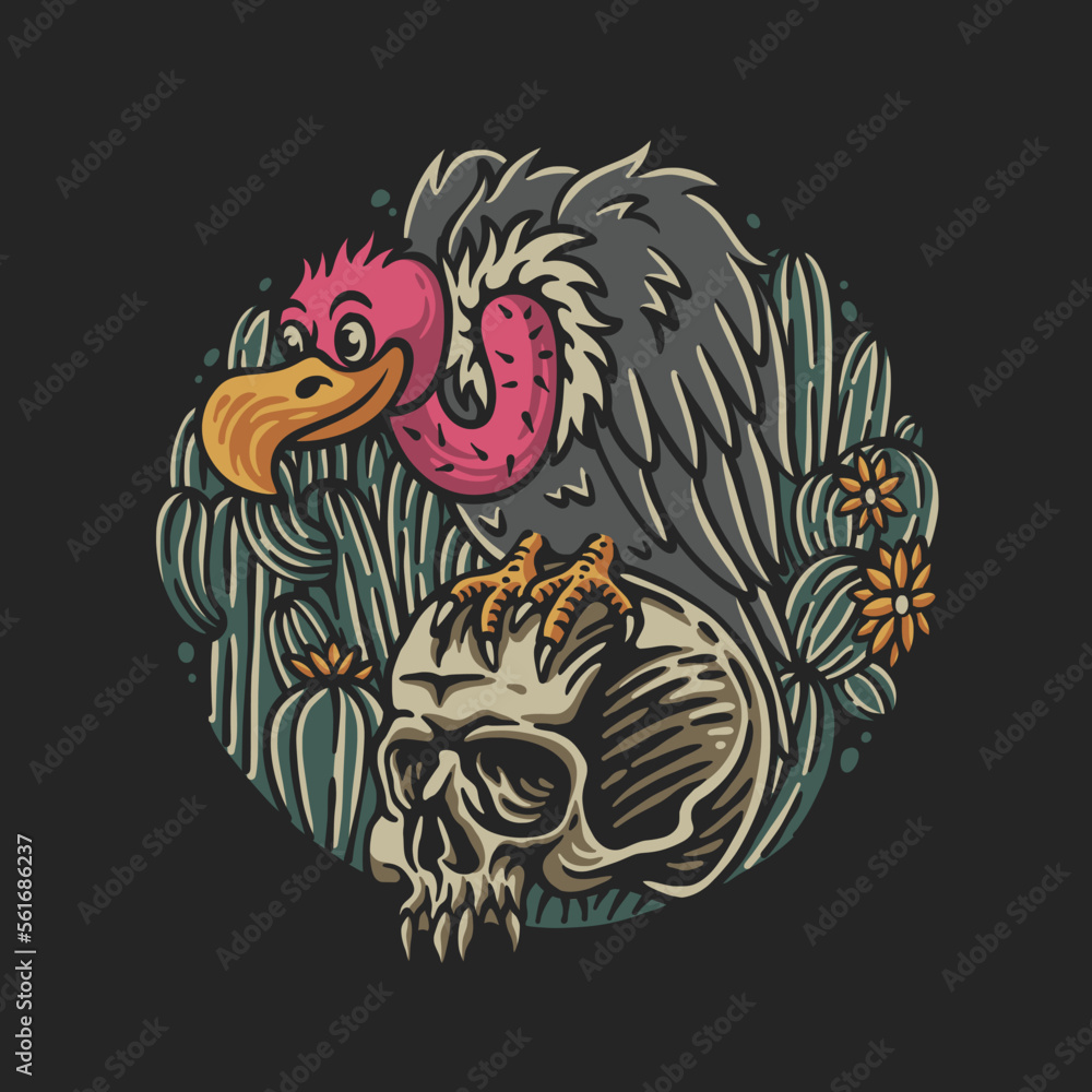 vector illustration skull with desert bird perched on it against cactus background with circle shape for t shirt design