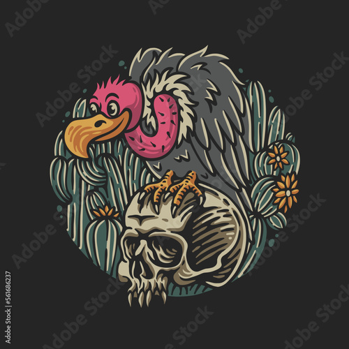 vector illustration skull with desert bird perched on it against cactus background with circle shape for t shirt design