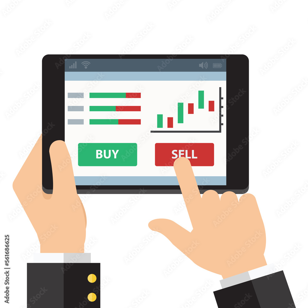 online trading stocks currency, hand pushing a button on a touch screen interface, Flat design online trading stocks currency, hand pushing a button on a touch screen interface, Flat design