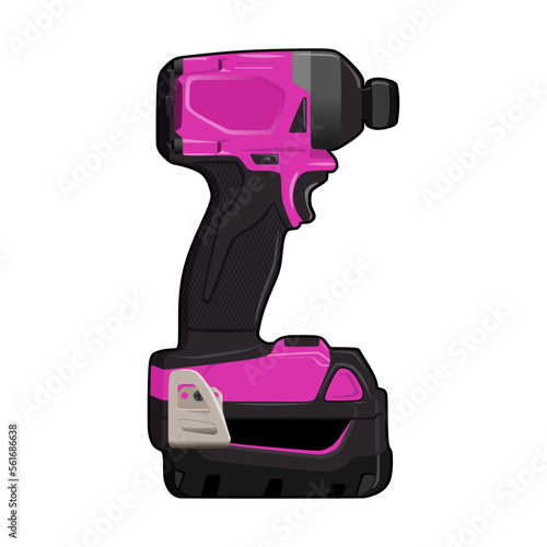 Realistic vector illustration of cordless impact drill screw driver in pink. Multifunction hand electric drill with battery, in trendy flat 3d icon style. Editable graphic resources for many purposes.