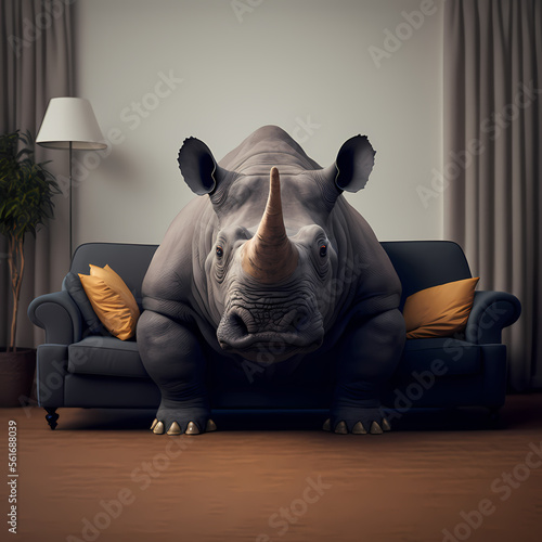 rhino sitting on a couch, generative ai