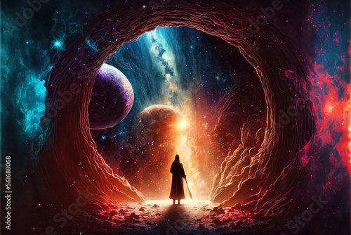 Man standing in a space portal to another world. AI generatd Image