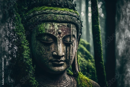 Fotografia ancient buddha statue in the green forest, photo-realistic illustration of a bud