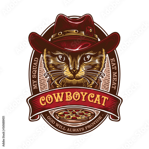 Vintage logo emblem a cat wearing a cowboy dress stares sharply and coolly against an oval background with several ornaments