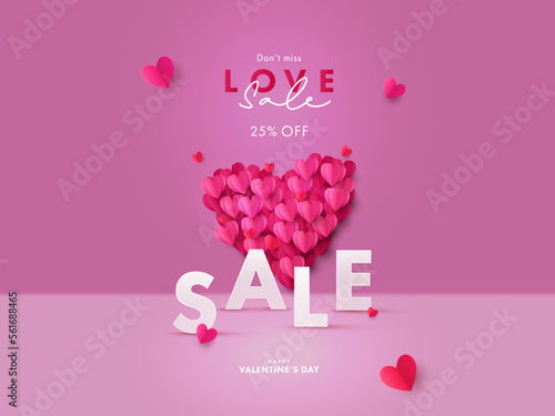 Happy Valentine's Day Sale poster or website banner. Romantic creative design with big heart made of red realistic 3d Origami Hearts on soft pink background. Festive advertisement promo template