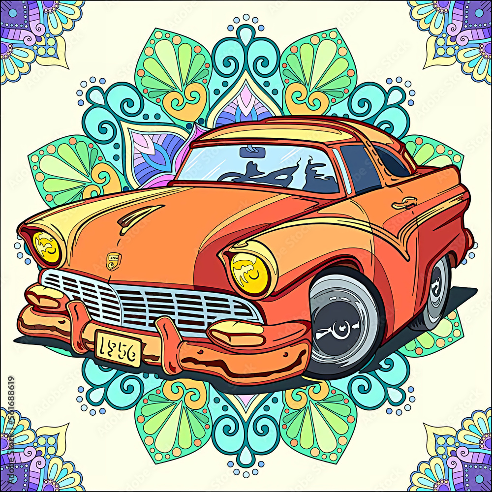 Illustration of aretro car with mandala 