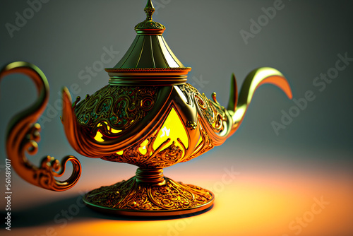 Fantasy Magical Lamp isolated on background, Traditional golden look oil lamp. Magic spell lamp. generative ai