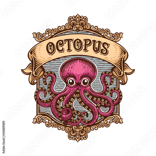 Vintage logo emblem an octopus with its long tentacles on a water background and surrounded by ornaments