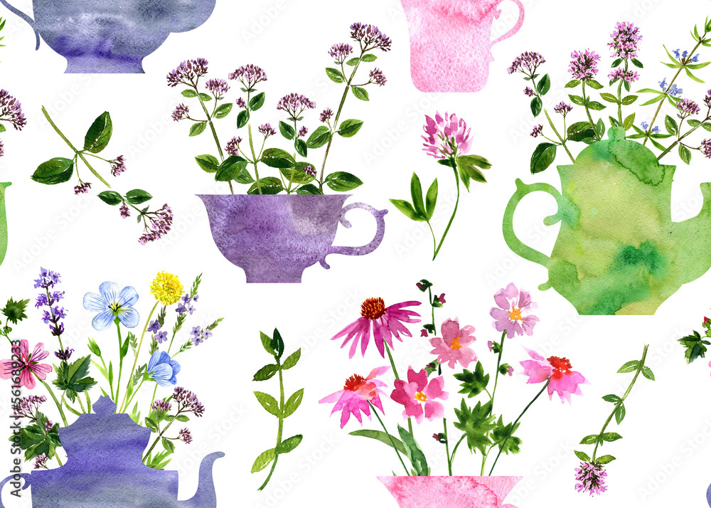 Naklejka premium watercolor drawing semless pattern with teapots and cups with flowers, herbal tea background, hand drawn illustration