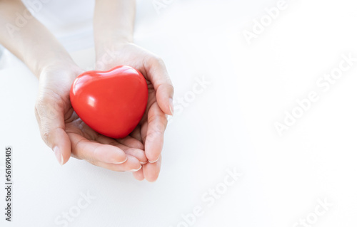 Red heart on woman hands. Symbol of support that expresses love valentine day and world heart day, heart health concept