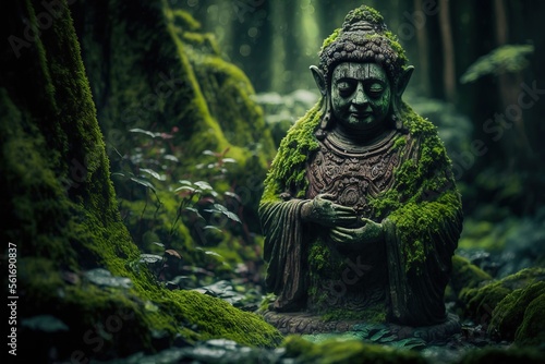 an ancient stone statue in the green rain forest, photo-realistic illustration of an old sculpture, generative AI