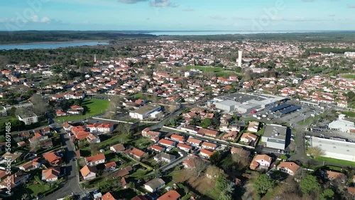 Community of Biscarrosse France in the West coast of Aquitaine, Aerial pan left wide shot photo