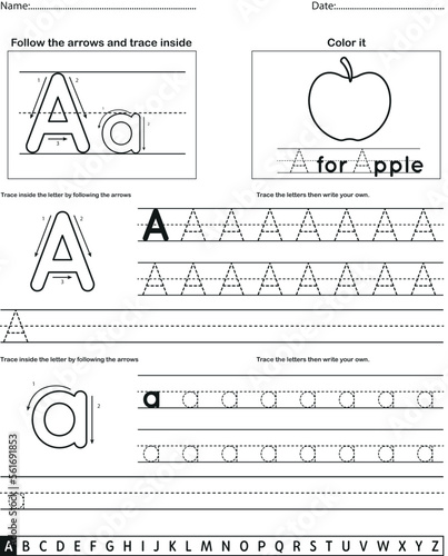 	
Alphabet tracing worksheet with letter and vocabulary A