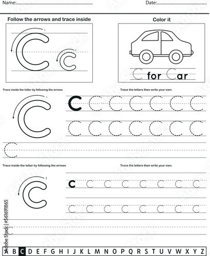 	
Alphabet tracing worksheet with letter and vocabulary C