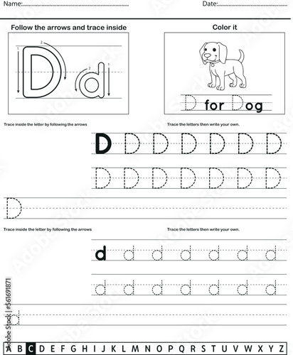 	
Alphabet tracing worksheet with letter and vocabulary D