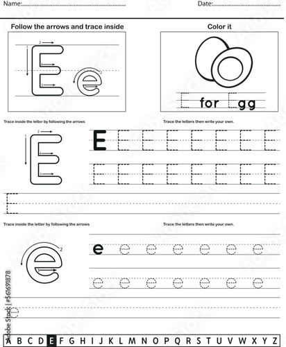 	
Alphabet tracing worksheet with letter and vocabulary E