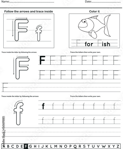 	
Alphabet tracing worksheet with letter and vocabulary F