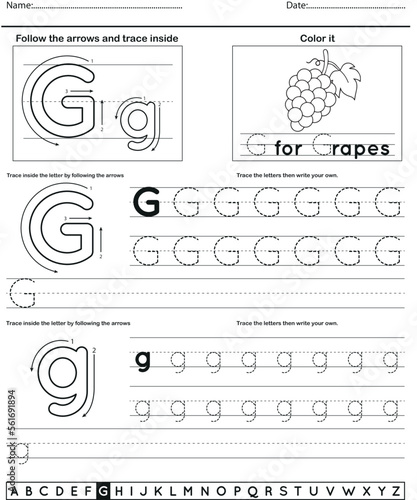 	
Alphabet tracing worksheet with letter and vocabulary G