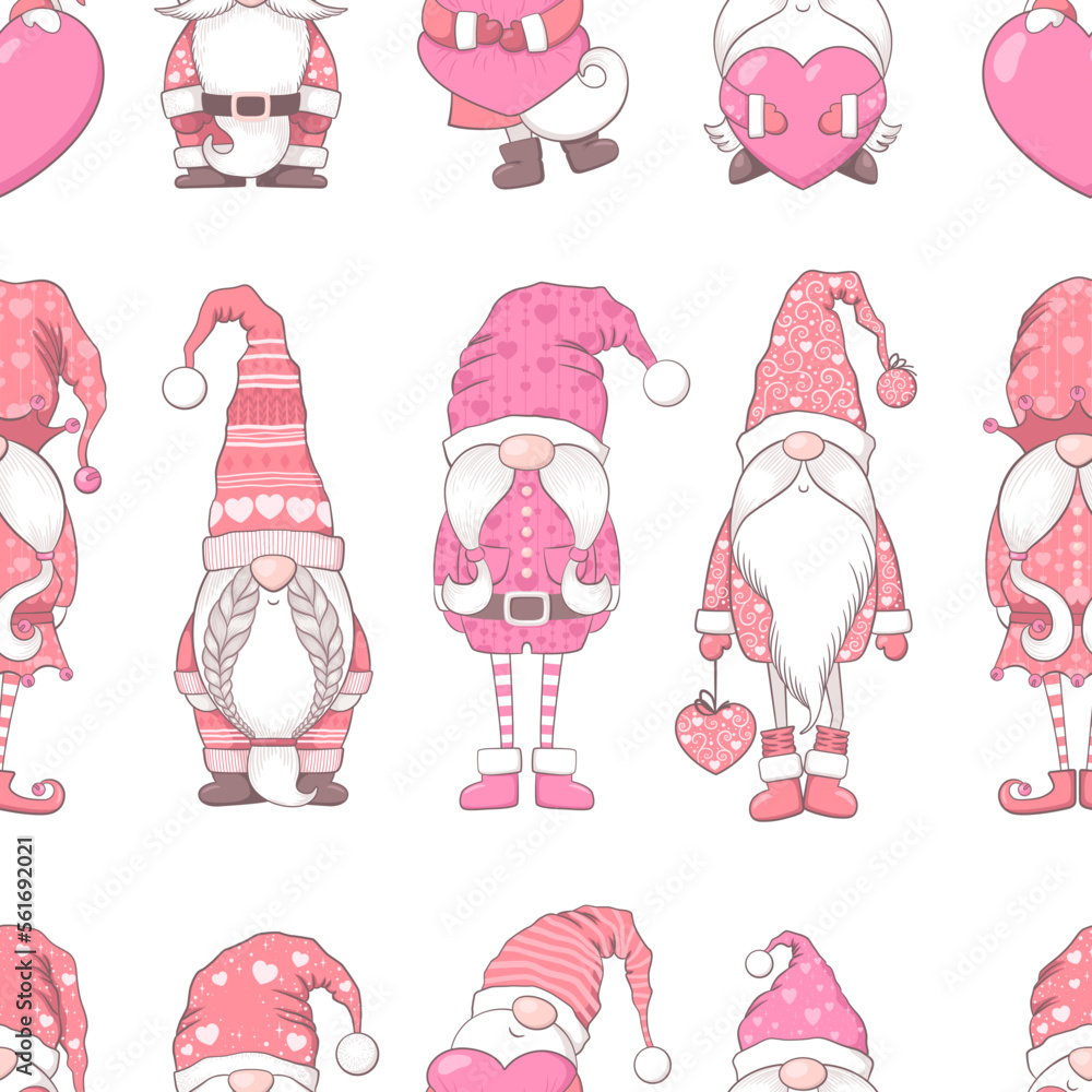 Valentines Day seamless vector pattern with cute hand drawn gnomes, hearts and decorations isolated on white background. Illustration for print, fabric, wrapping paper, card, wallpaper Valentines Day seamless vector pattern with cute hand drawn gnomes, hearts and decorations isolated on white background. Illustration for print, fabric, wrapping paper, card, wallpaper