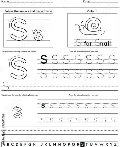 	
Alphabet tracing worksheet with letter and vocabulary S