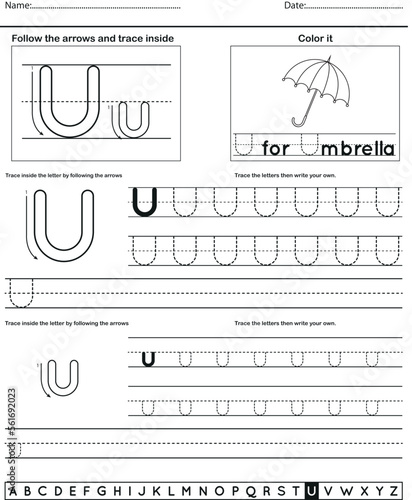 	
Alphabet tracing worksheet with letter and vocabulary U