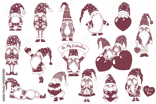 Valentines Day vector clipart with cute hand drawn gnomes, hearts and decorations isolated on white background. Illustrations set for print, tags, card, banner