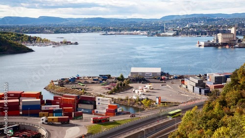 Oslo timelapse cityscape inlet with cargo containers logistics center photo